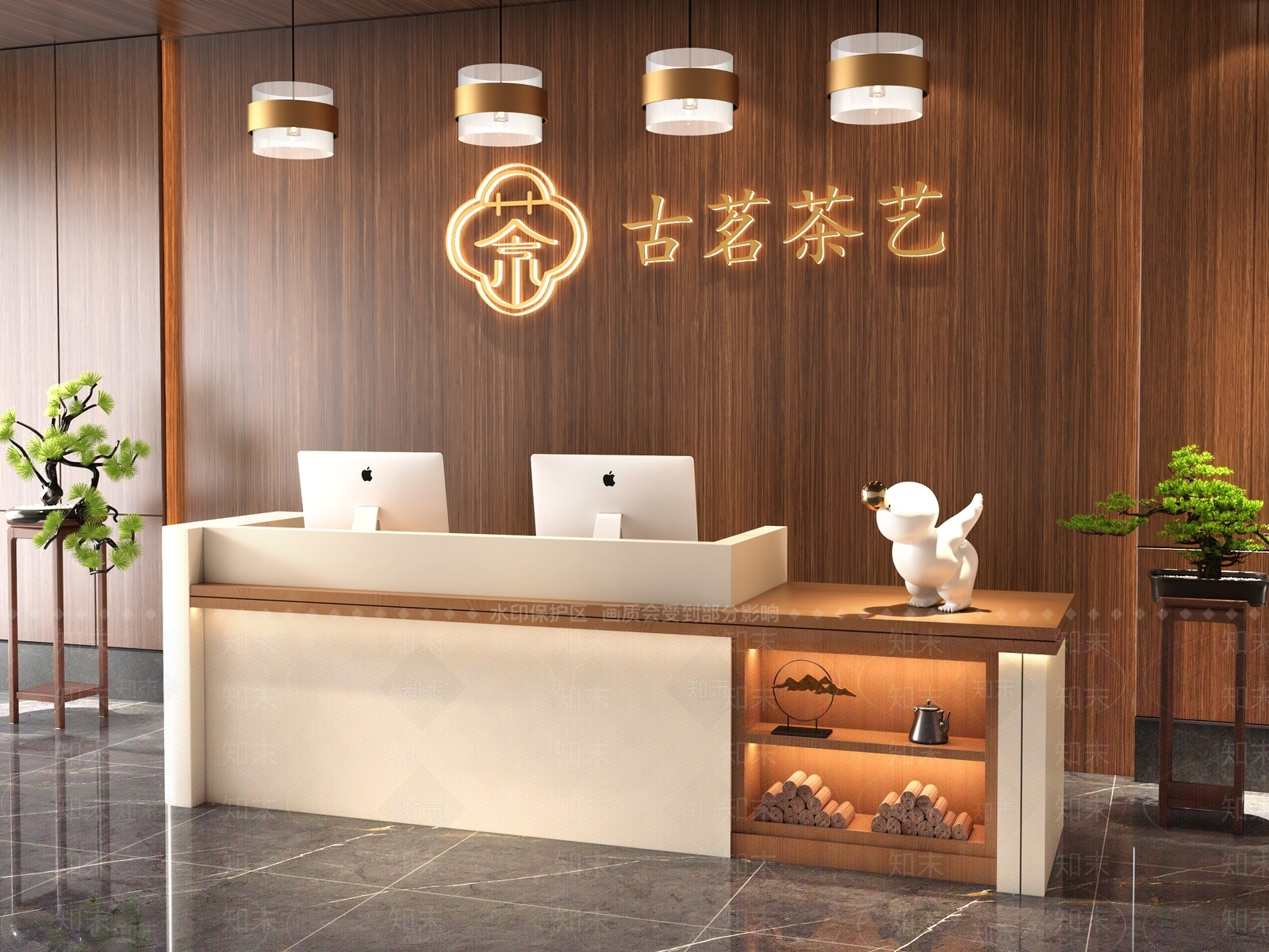 新中式前台3D模型渲染效果图