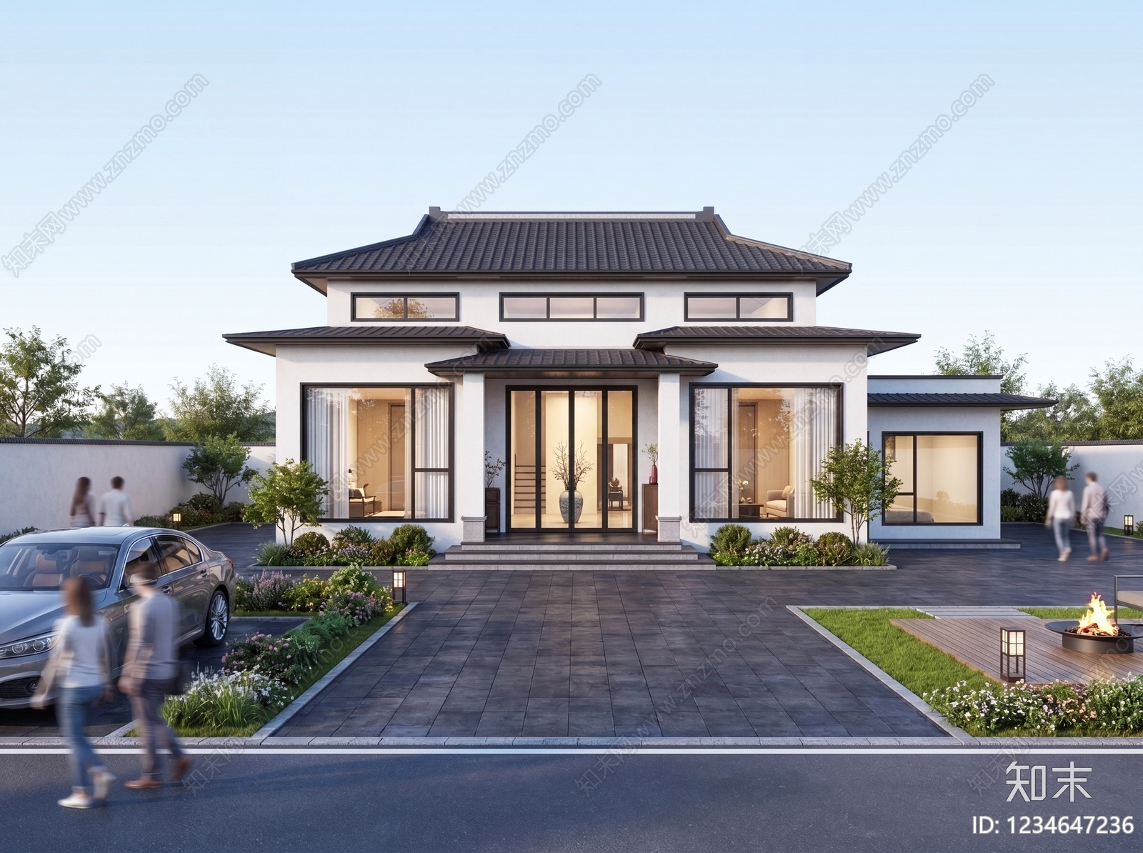 新中式景观独栋别墅SU模型草图