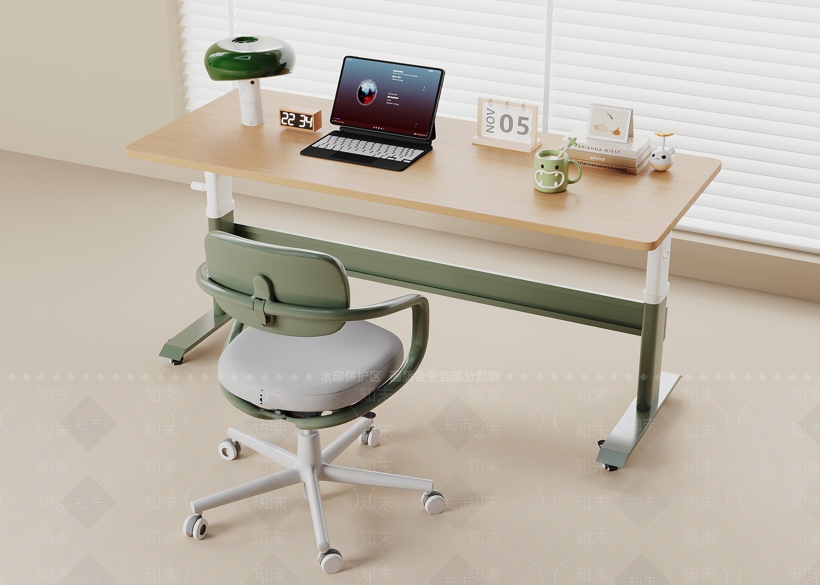 奶油风儿童桌椅3D模型渲染效果图