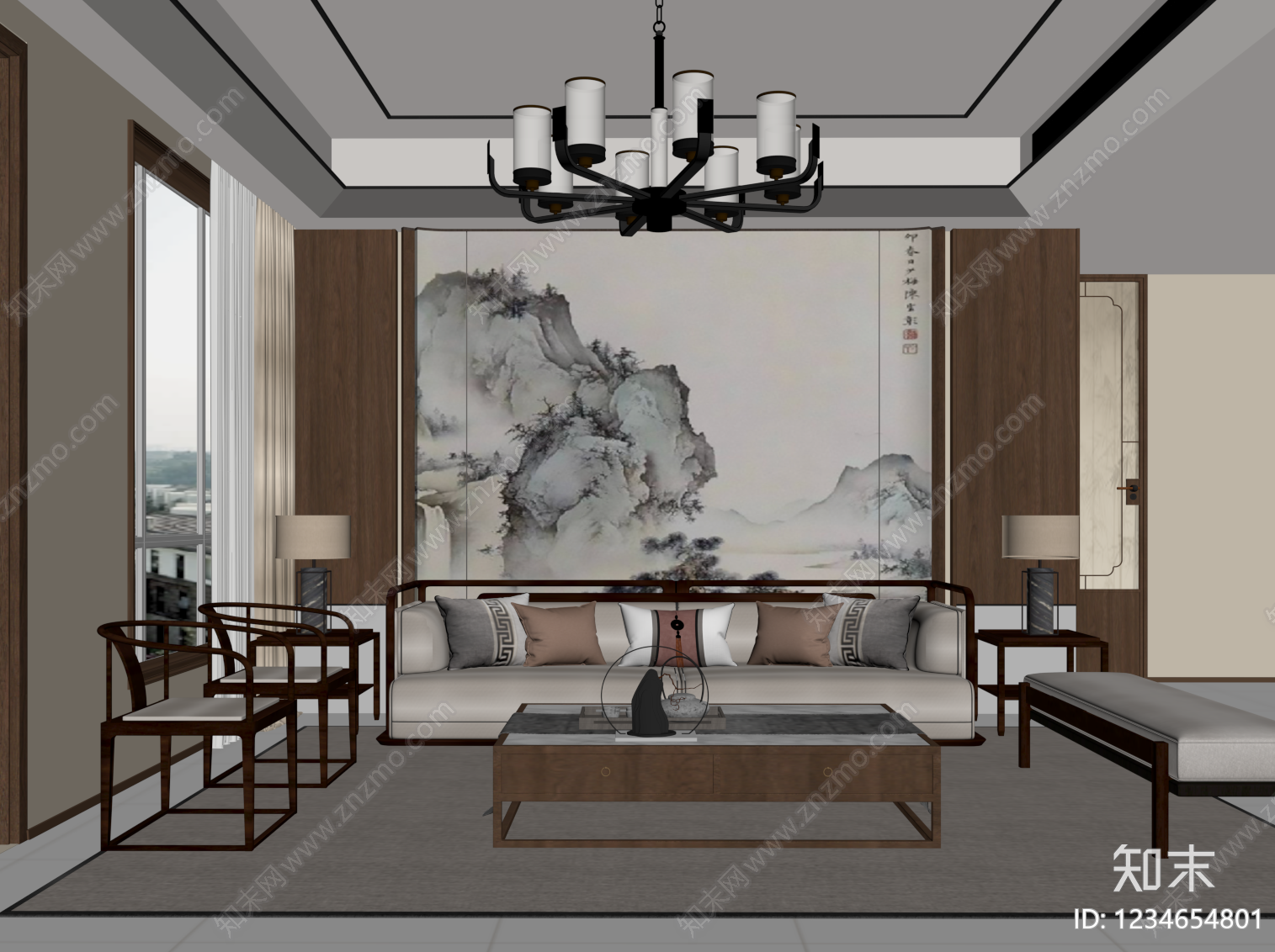 新中式家居客厅SU模型下载【ID:1234654801】