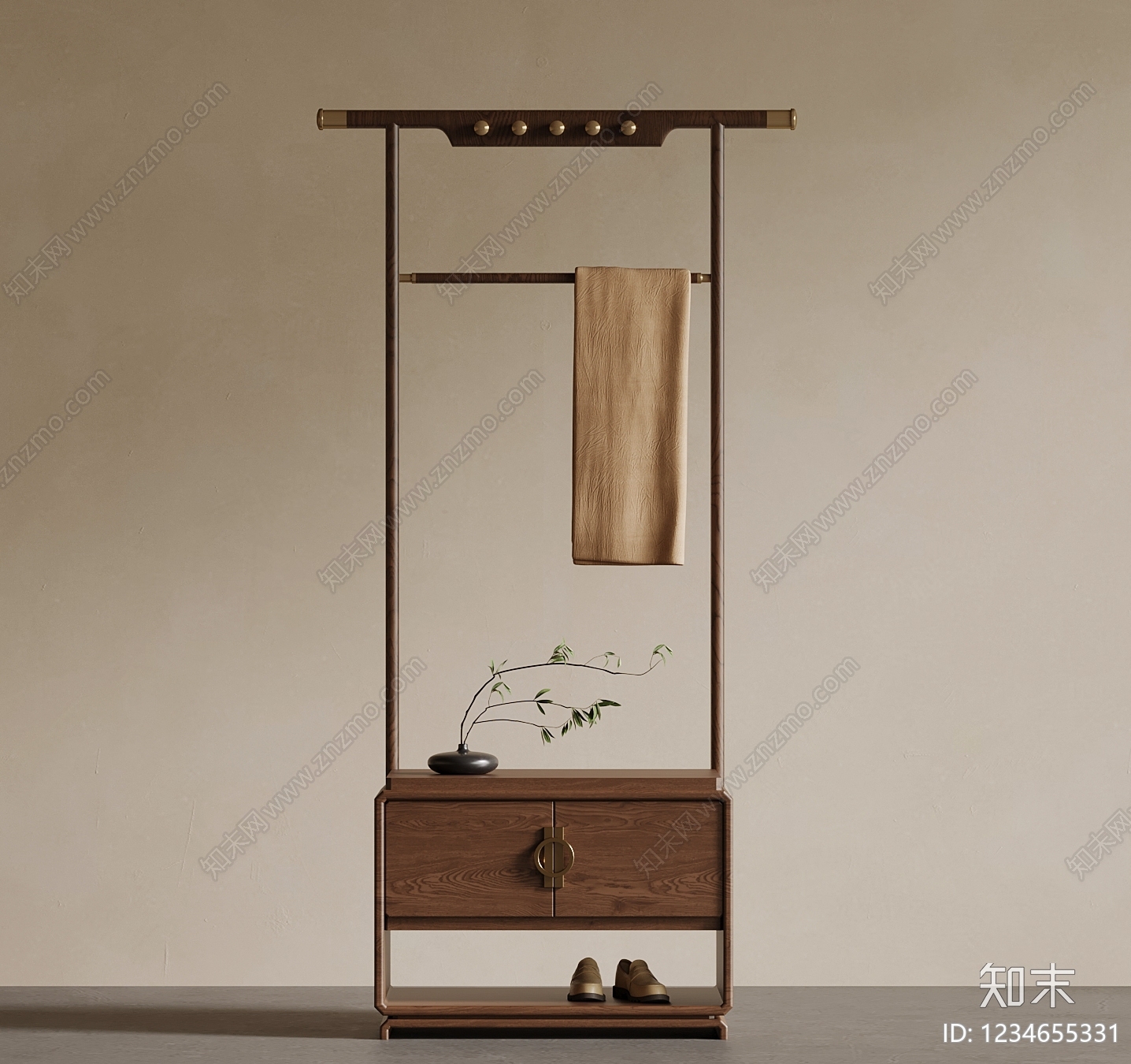 新中式衣架3D模型渲染效果图