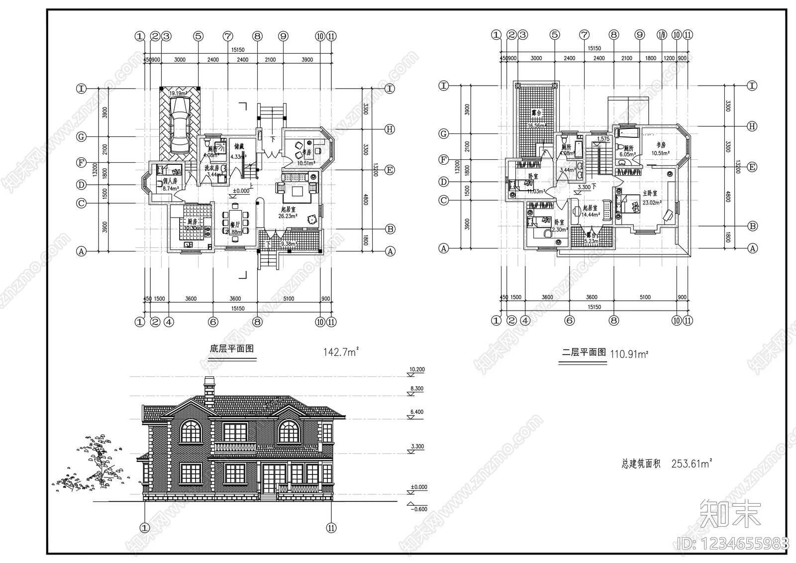 别墅建筑cad施工图下载【ID:1234655983】
