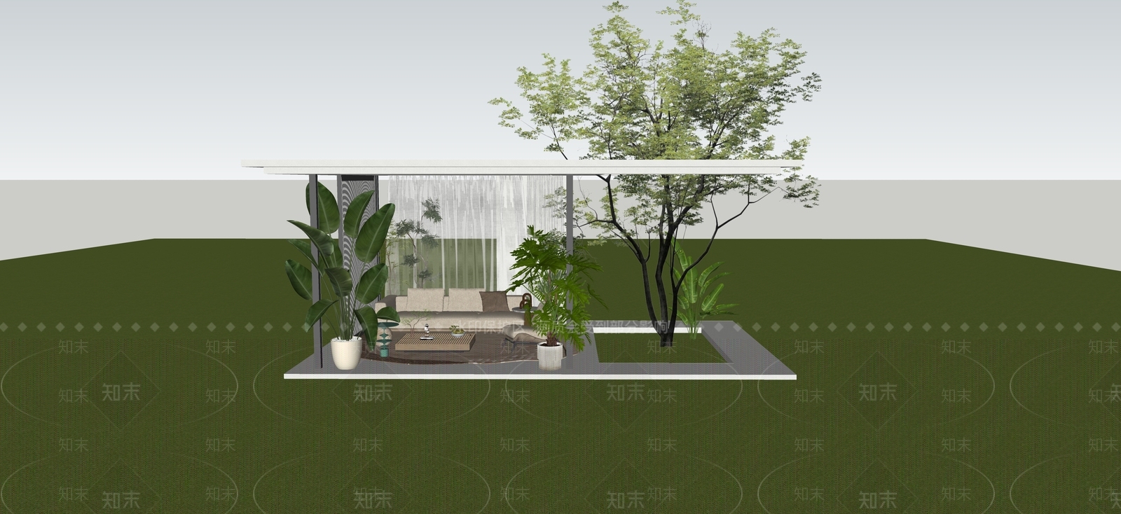 现代简约廊架空间SU模型草图