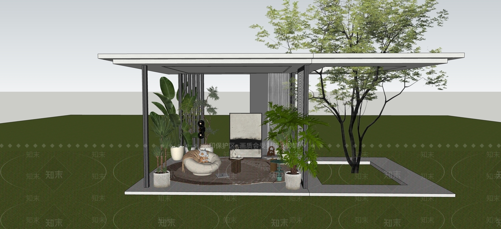 现代简约廊架空间SU模型草图