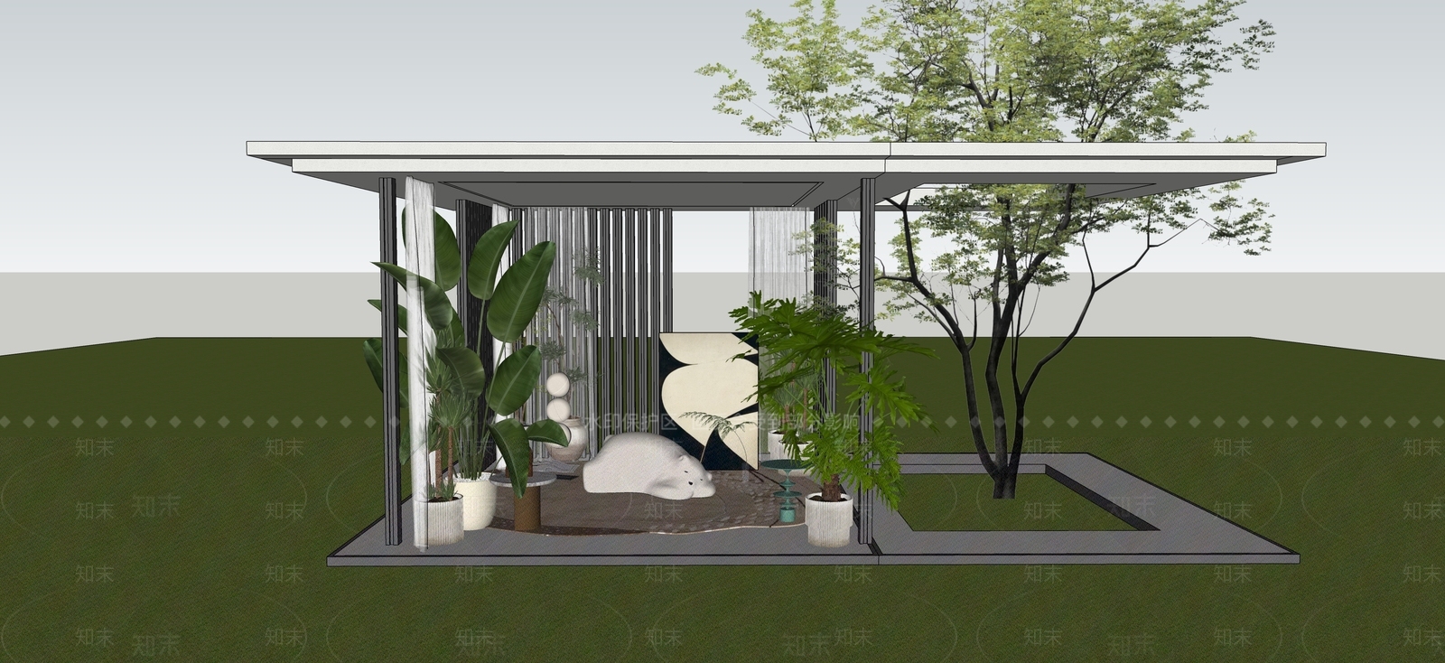 现代简约廊架空间SU模型草图
