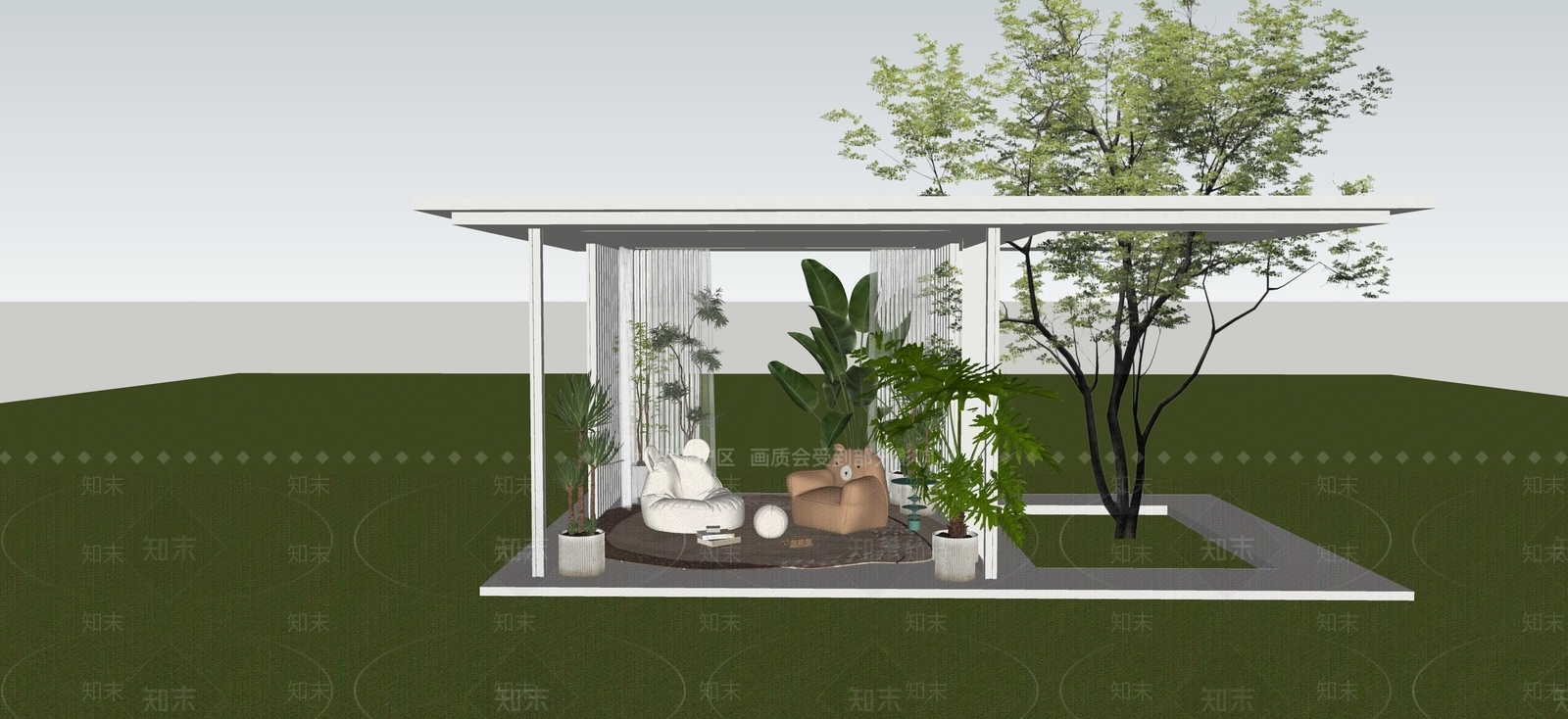 现代简约廊架空间SU模型草图