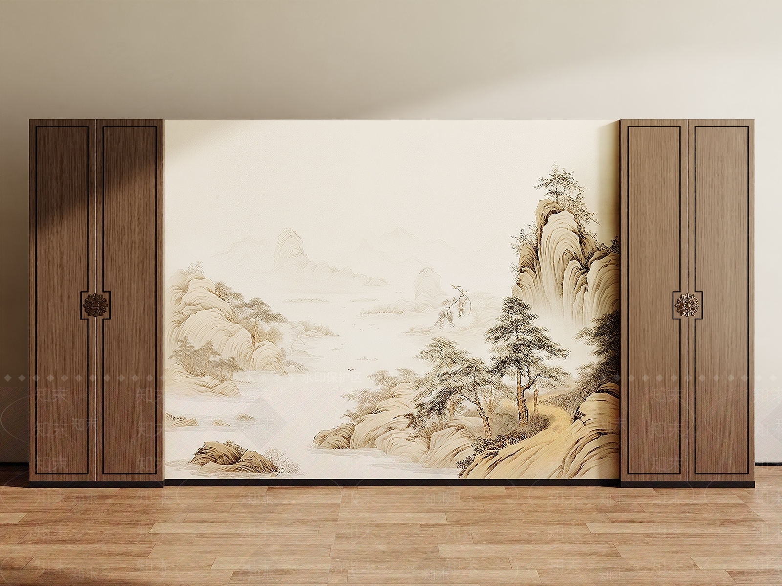 新中式电视背景墙3D模型渲染效果图