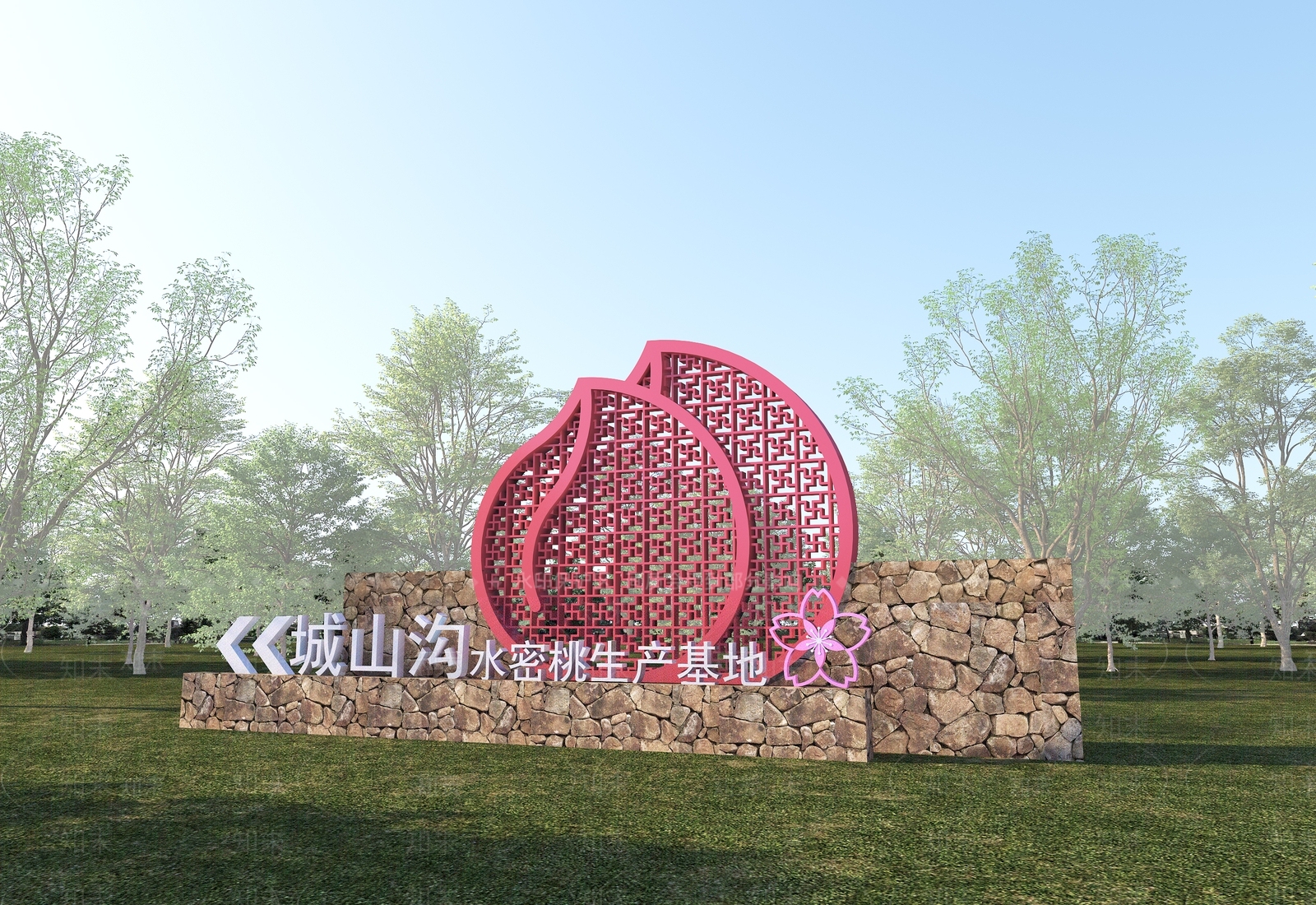 新中式景观景墙3D模型渲染效果图