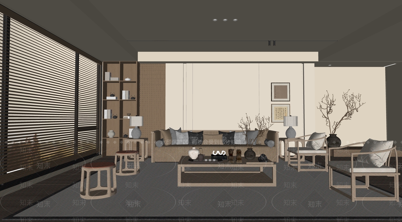 新中式家居客厅SU模型下载【ID:1234696020】