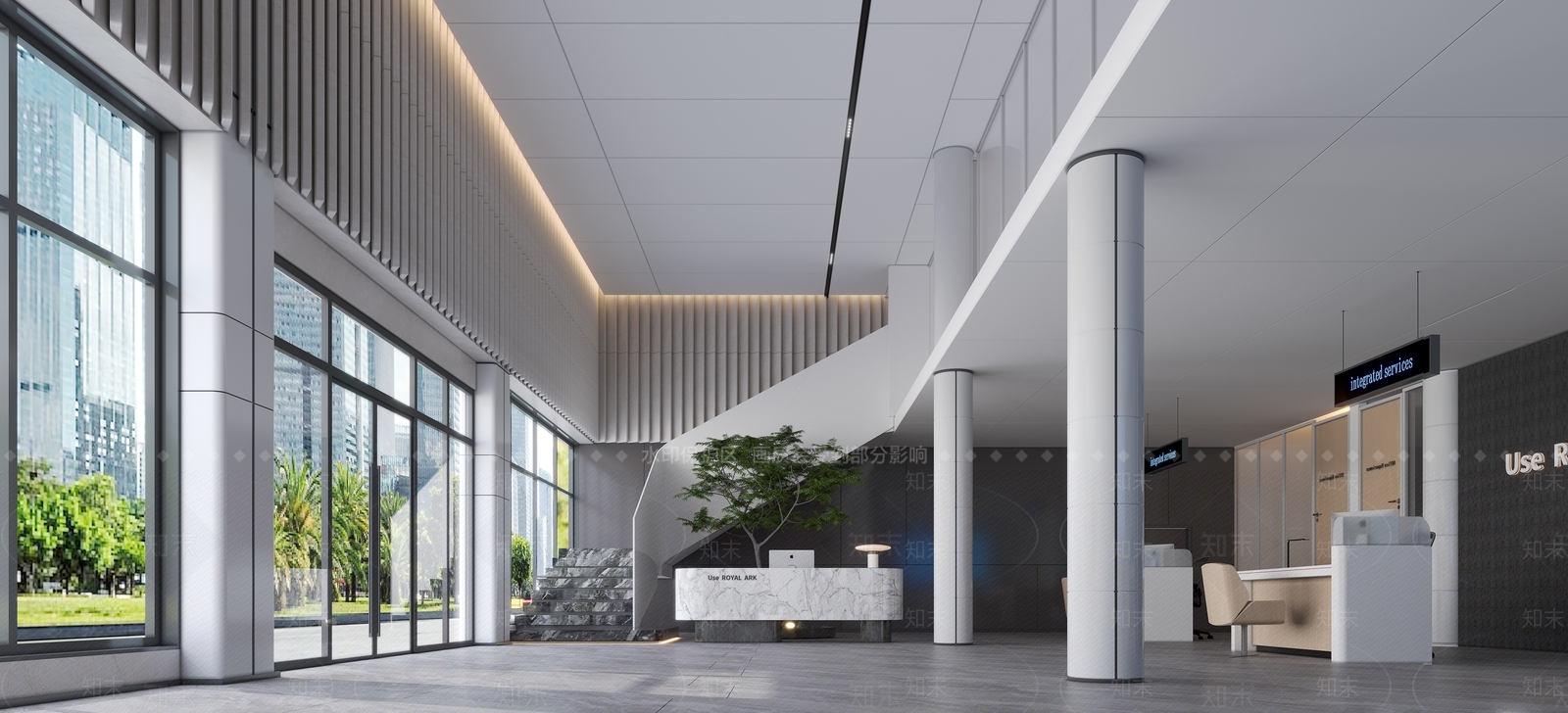 现代简约办公大厅3D模型下载【ID:1234696596】