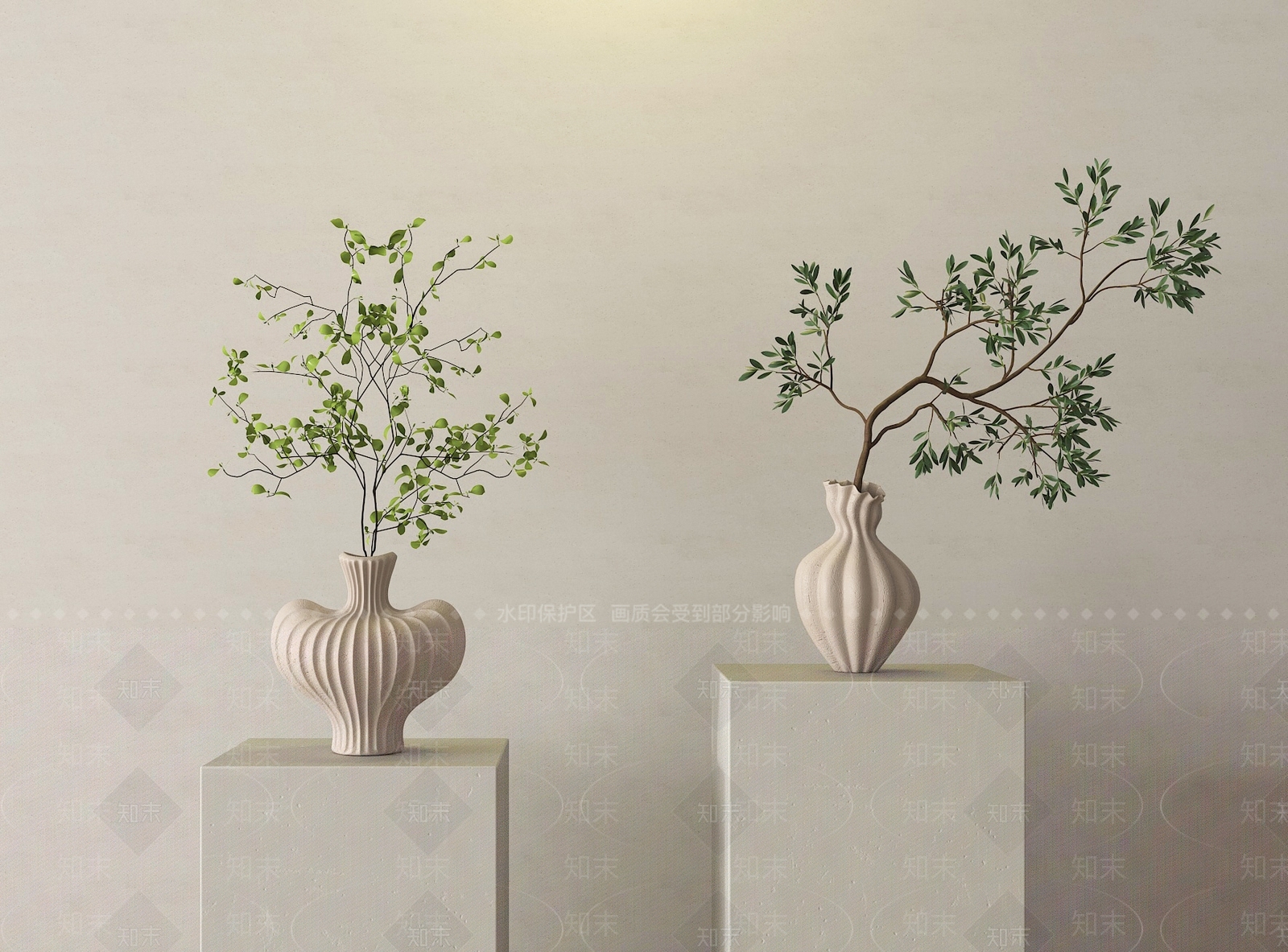 奶油风绿植摆件SU模型草图
