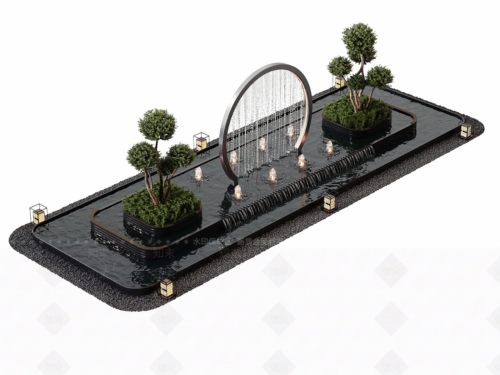 新中式景观水幕帘3D模型下载【ID:1234713498】
