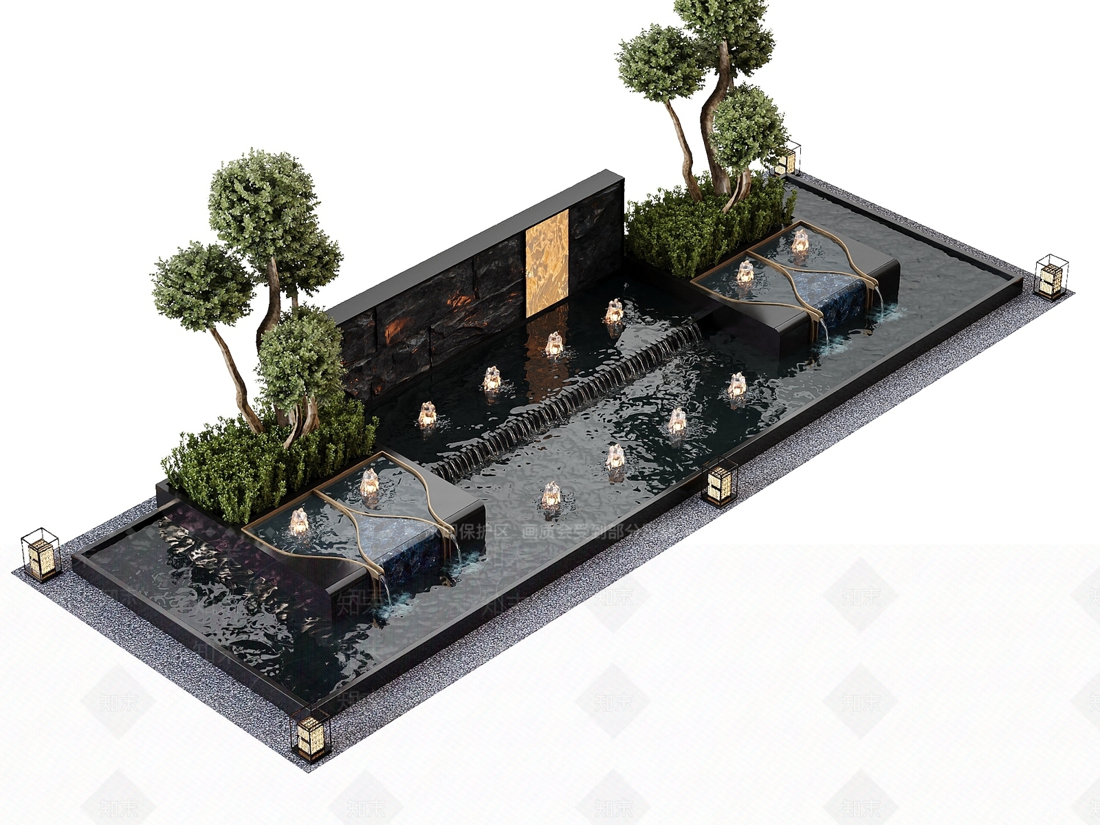 新中式景观喷泉3D模型渲染效果图