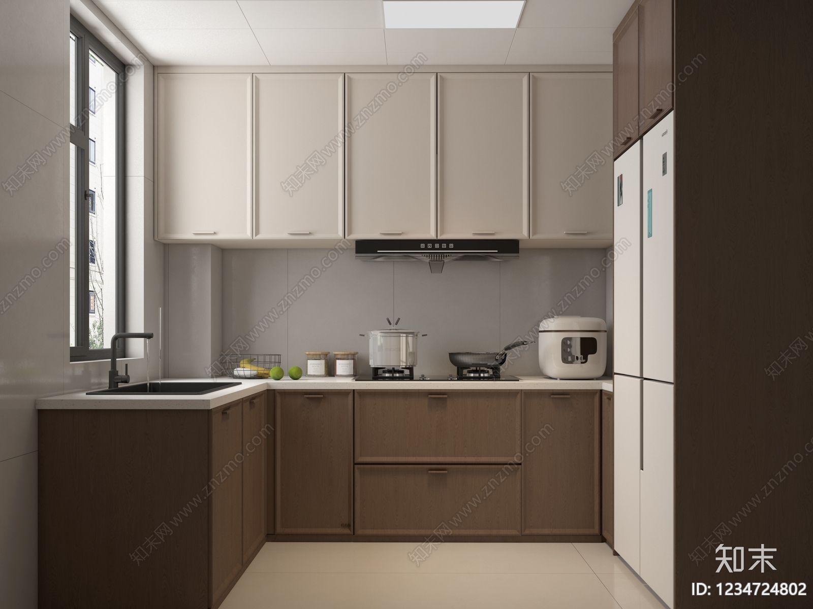 新中式封闭式厨房3D模型渲染效果图