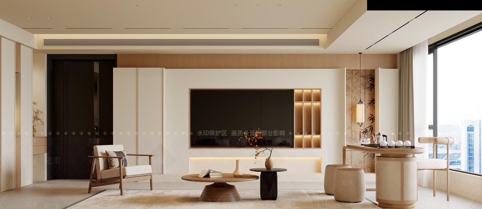 新中式宋式客厅3D模型渲染效果图