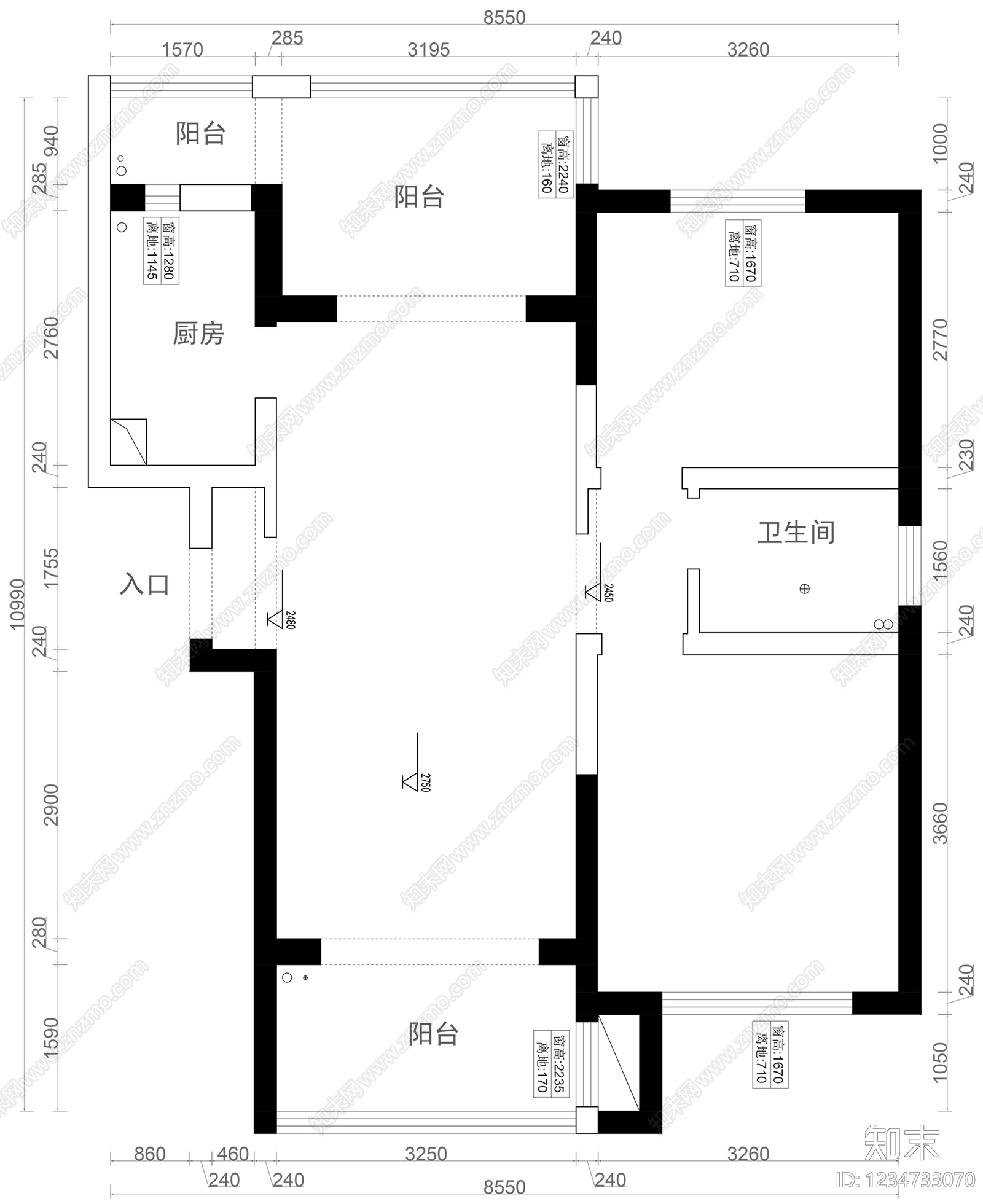 小户型平层cad施工图下载【ID:1234733070】