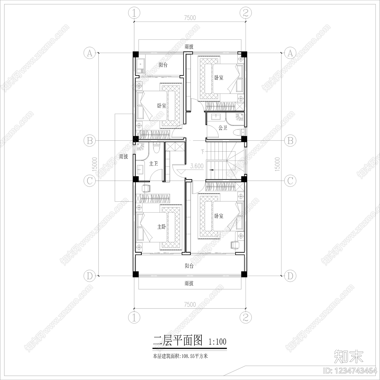 别墅建筑cad施工图下载【ID:1234743464】
