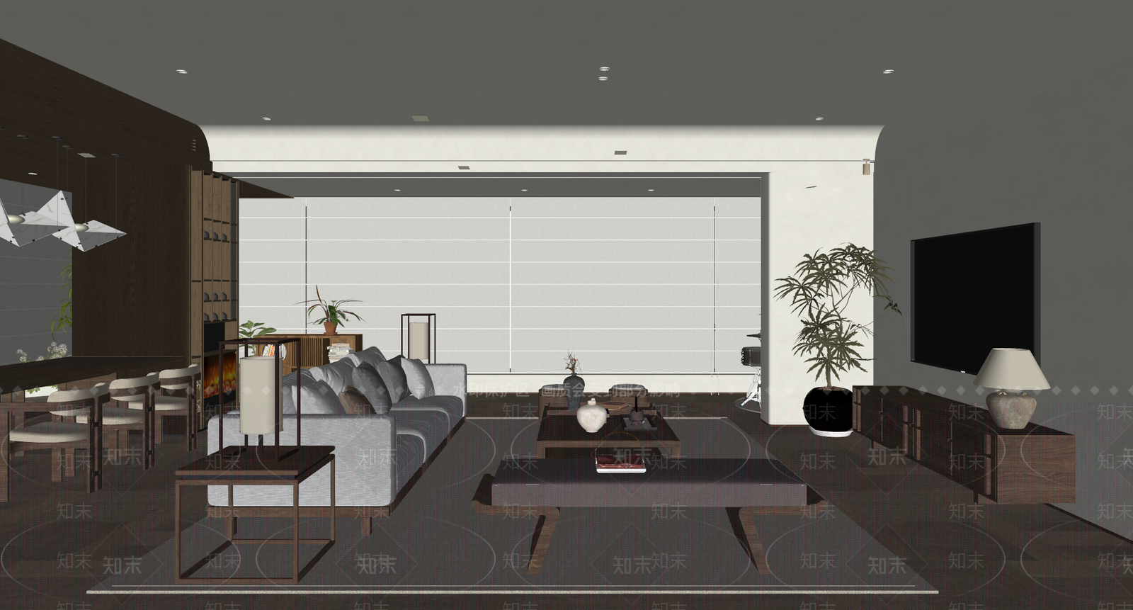 新中式客餐厅SU模型下载【ID:1234747370】