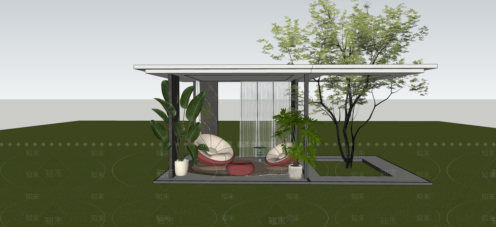 现代简约廊架空间SU模型草图