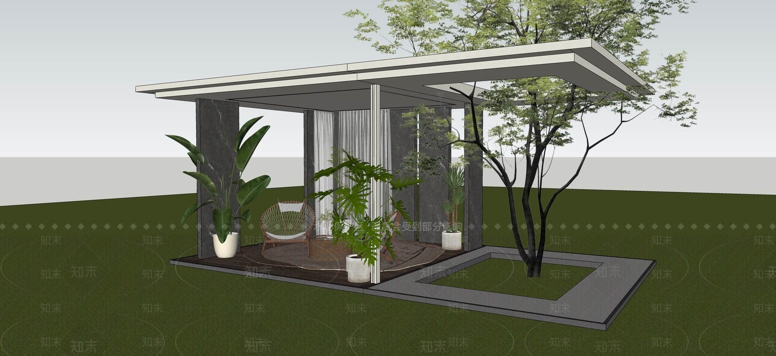 现代简约廊架SU模型草图