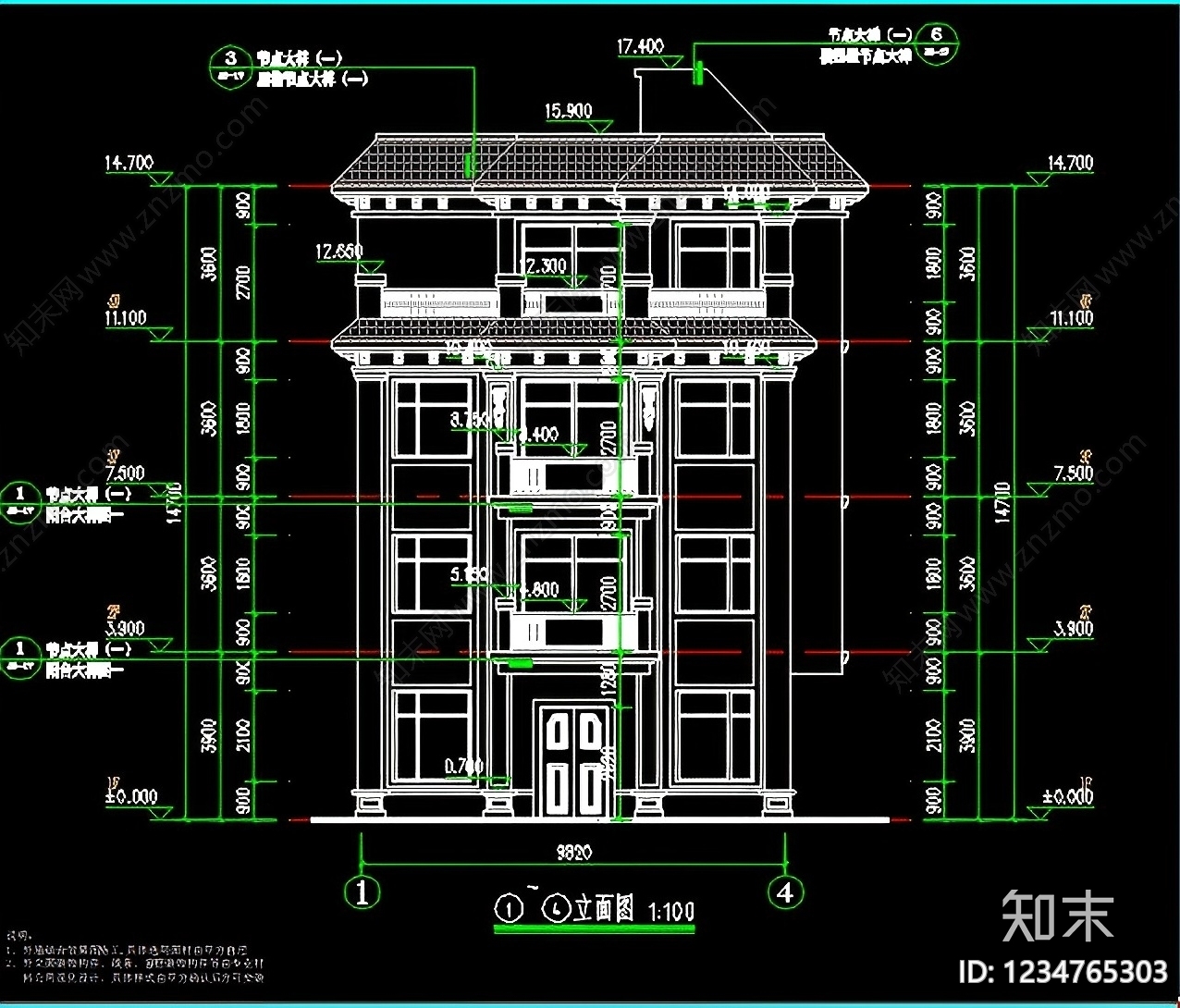 别墅建筑cad施工图下载【ID:1234765303】
