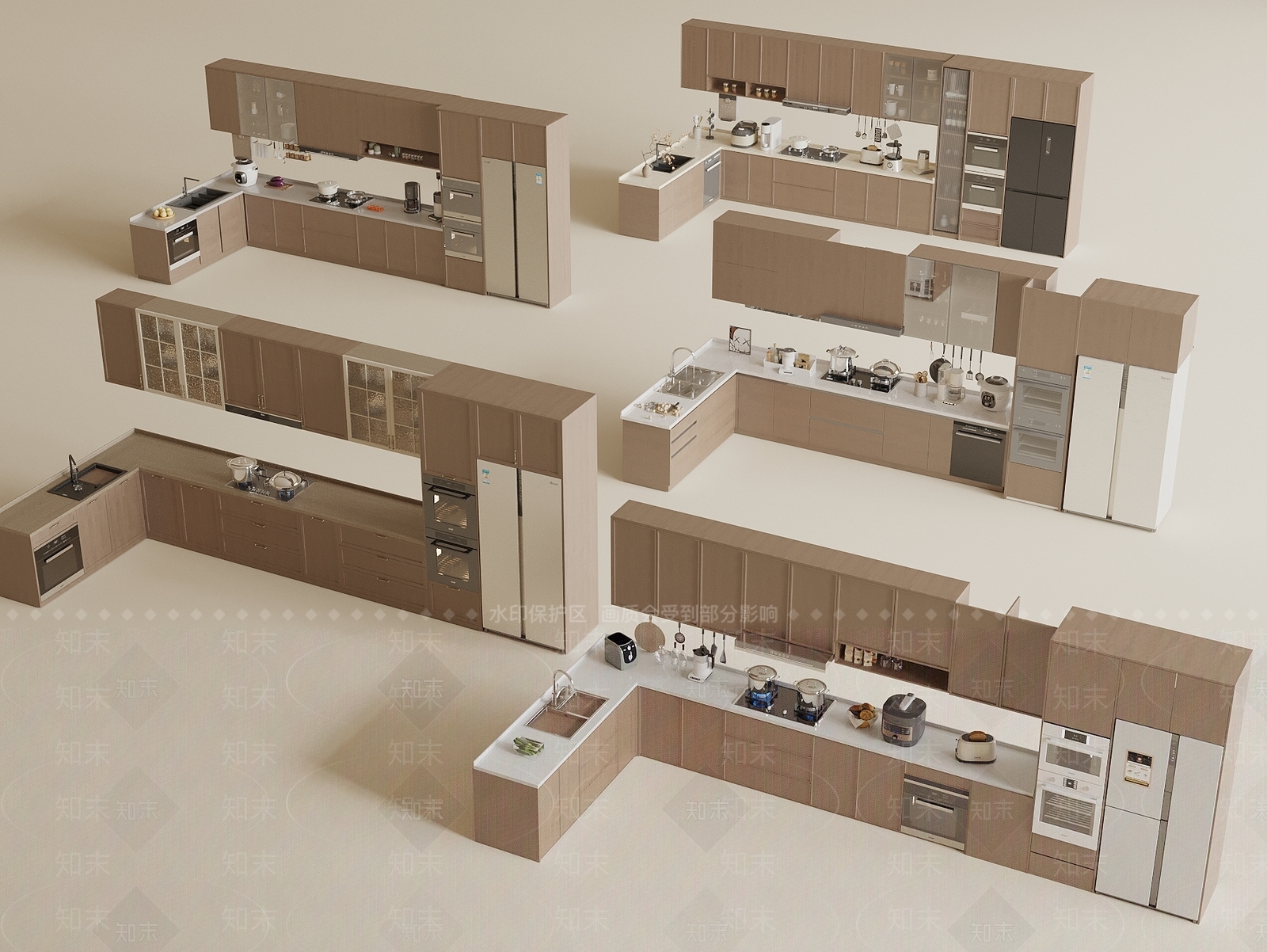 现代简约封闭式厨房3D模型渲染效果图
