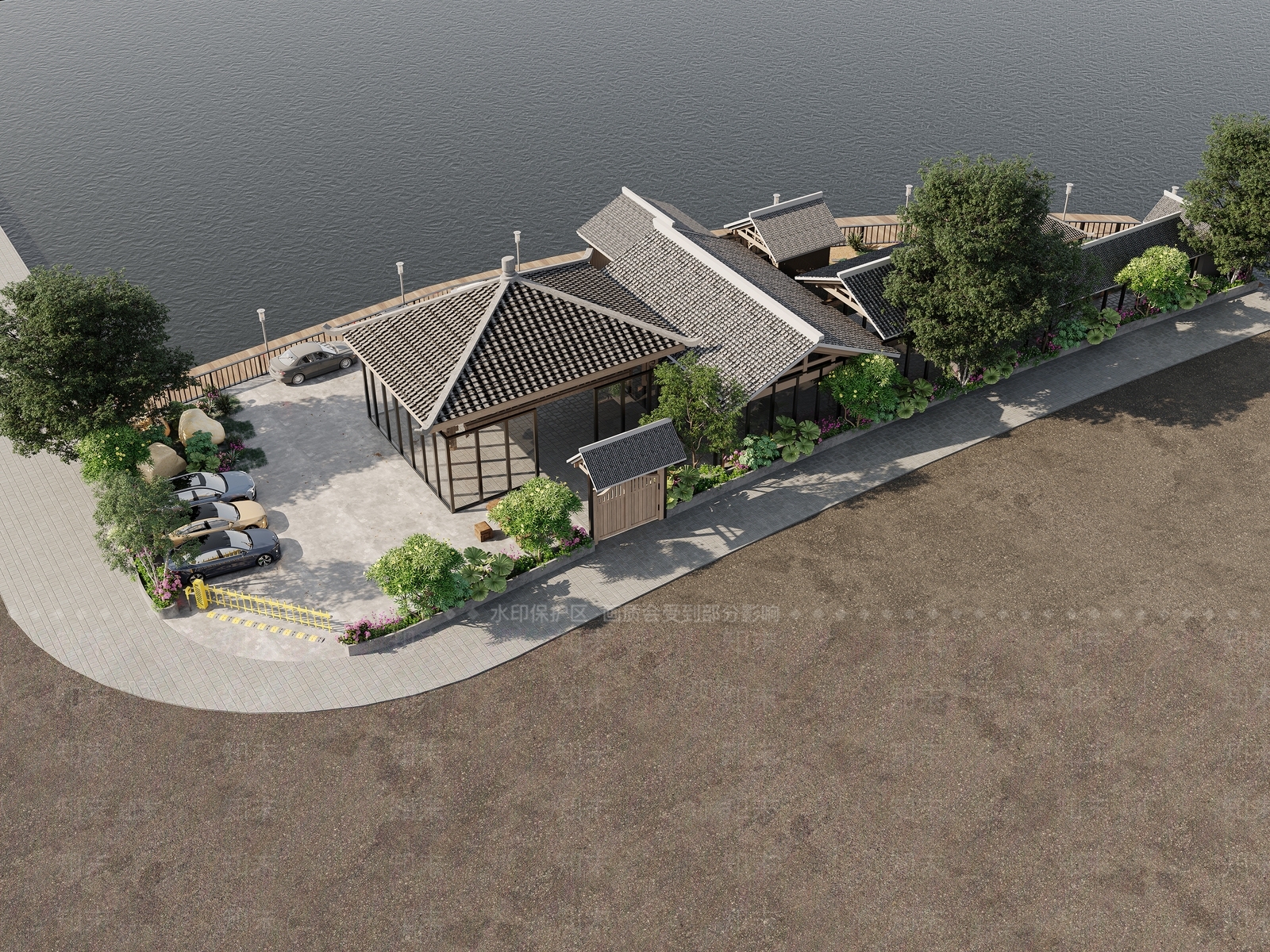 中式古建公共建筑3D模型渲染效果图