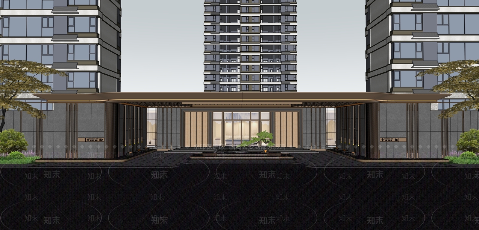 新中式景观入口大门SU模型下载【ID:1234920443】