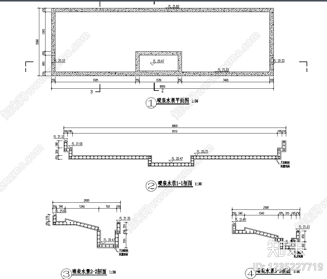 喷泉水景cad施工图下载【ID:1235227719】