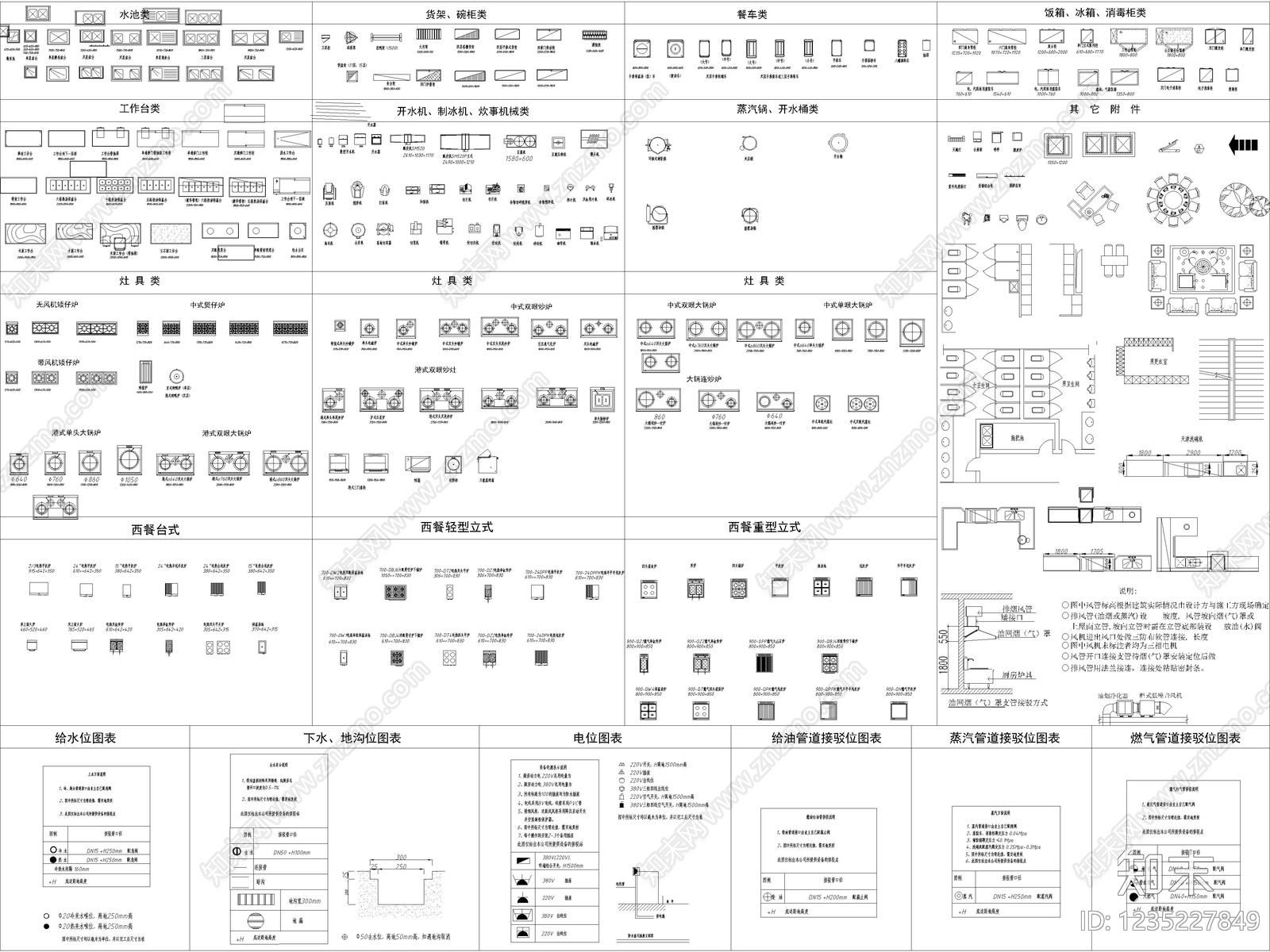 90套后厨厨房厨具设备设施布局酒店餐厅食堂厨房平面cad施工图下载【ID:1235227849】