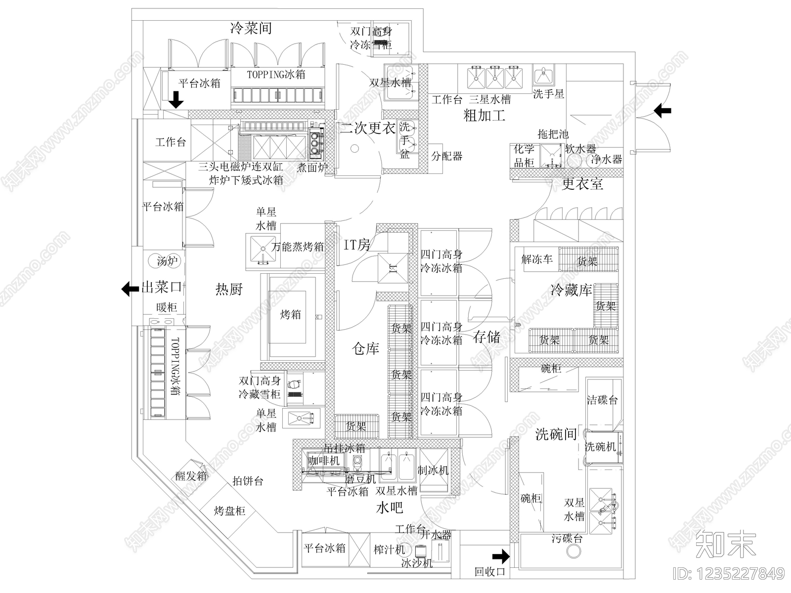 90套后厨厨房厨具设备设施布局酒店餐厅食堂厨房平面cad施工图下载【ID:1235227849】