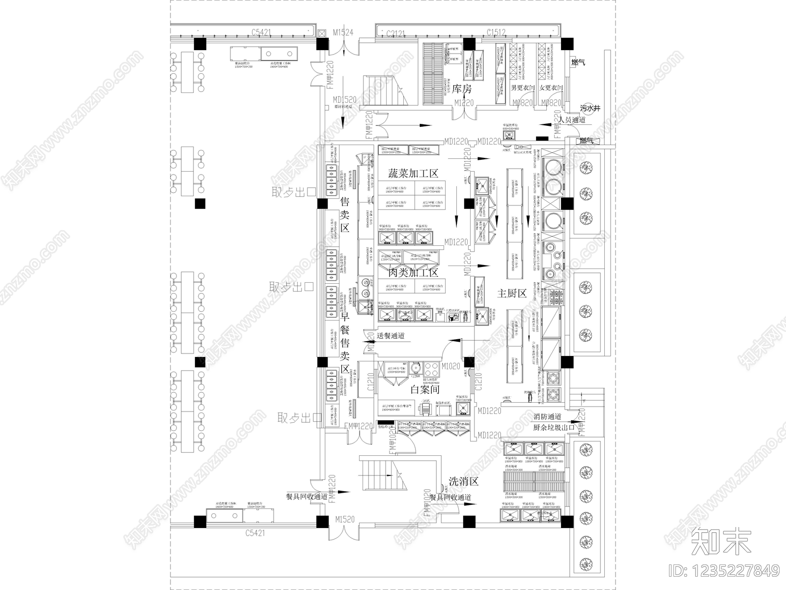 90套后厨厨房厨具设备设施布局酒店餐厅食堂厨房平面cad施工图下载【ID:1235227849】