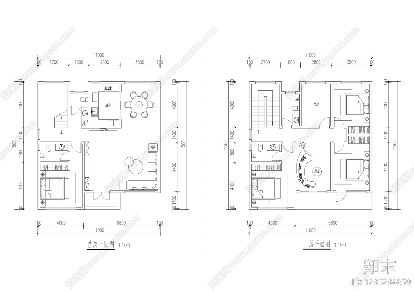 别墅建筑cad施工图下载【ID:1235234859】
