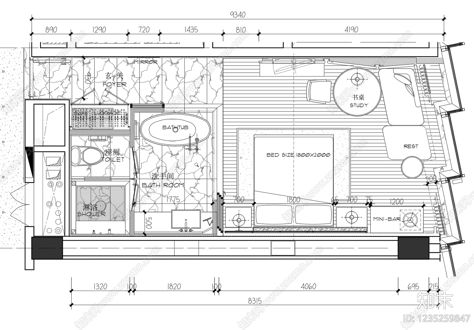 酒店客房cad施工图下载【ID:1235259847】