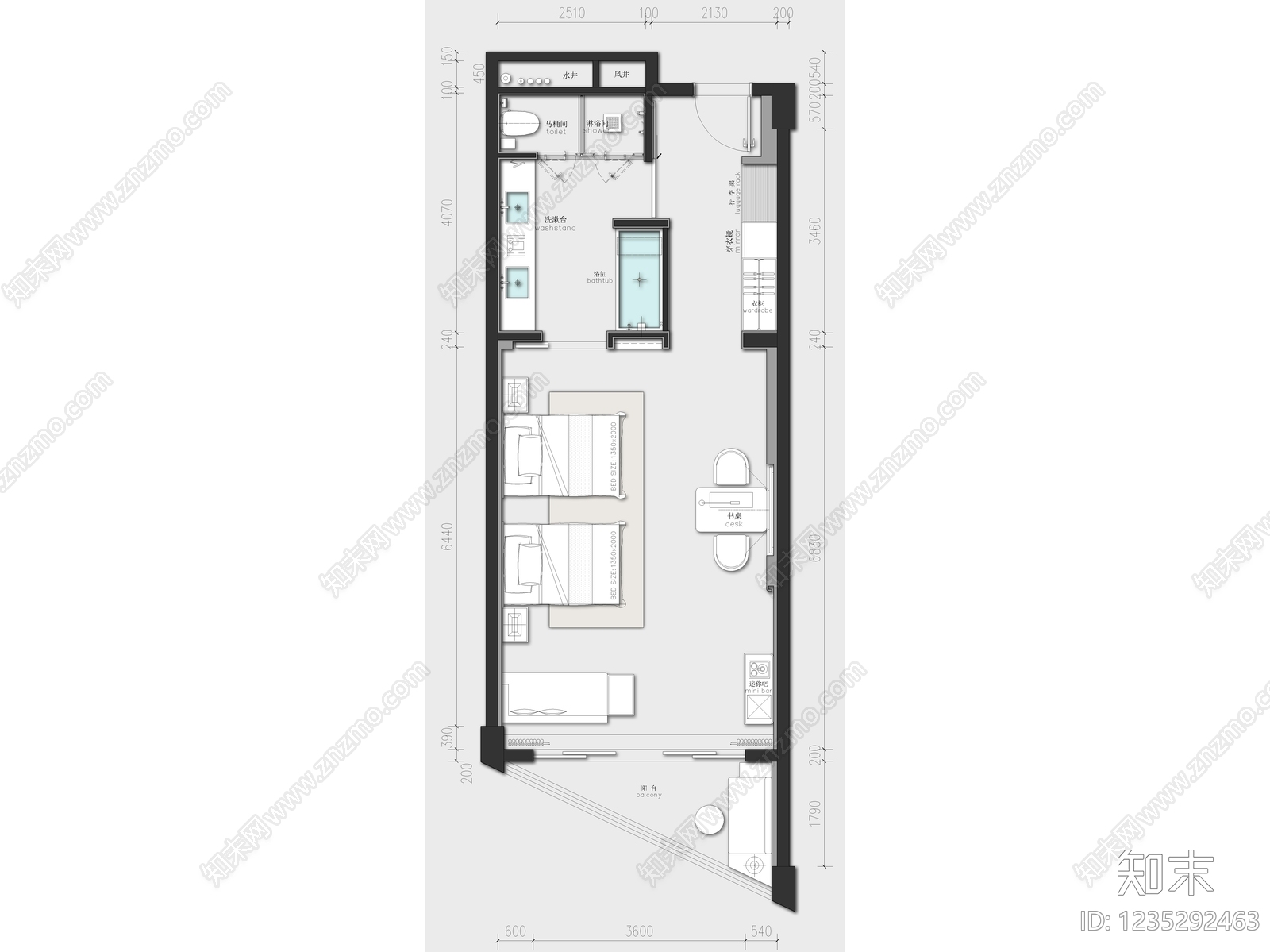 酒店客房cad施工图下载【ID:1235292463】