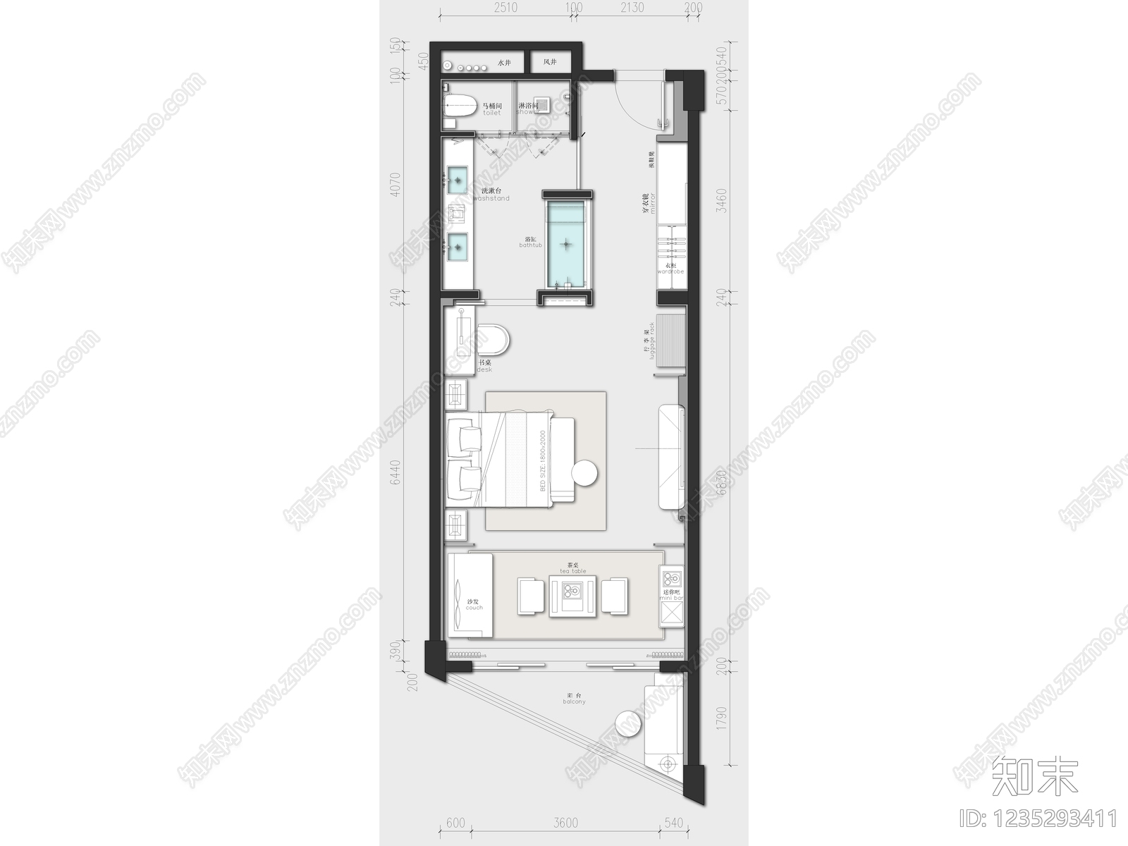 酒店客房cad施工图下载【ID:1235293411】