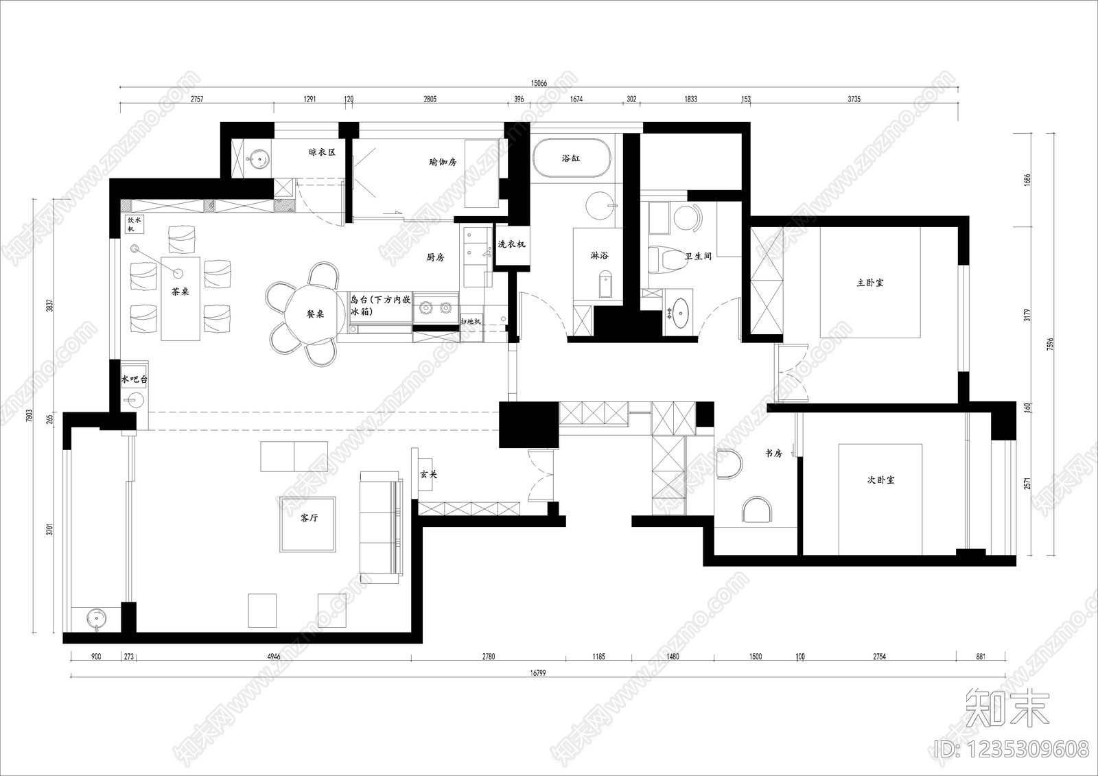 小户型平层cad施工图下载【ID:1235309608】
