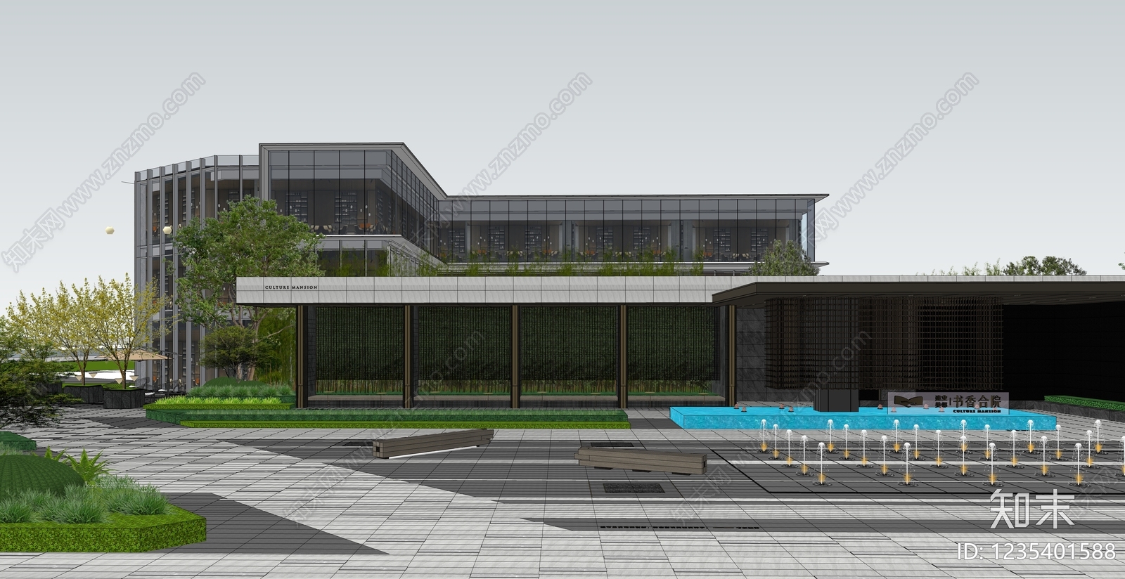 新中式景观酒店建筑SU模型下载【ID:1235401588】