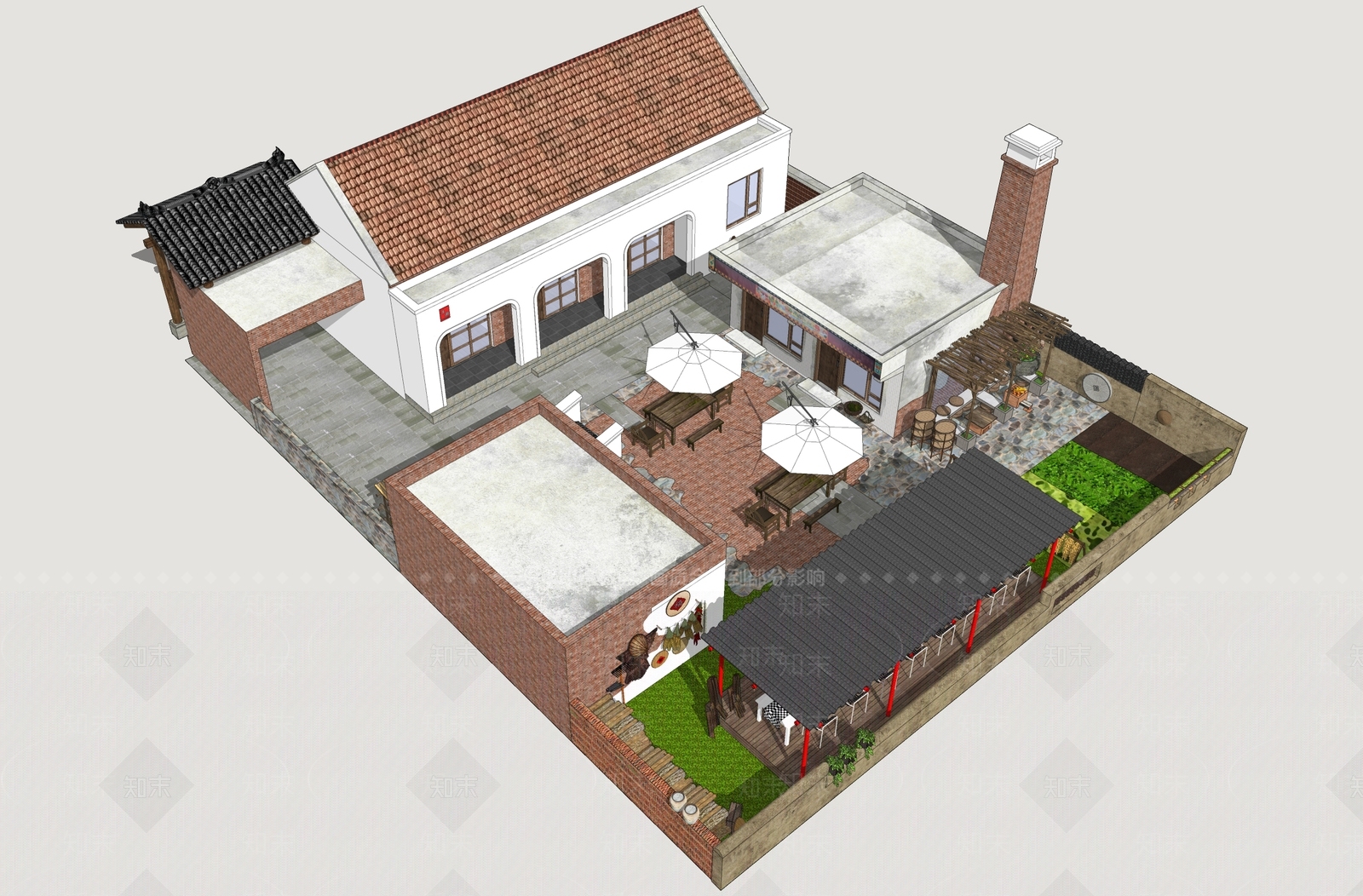 新中式景观民宿建筑SU模型下载【ID:1235423621】