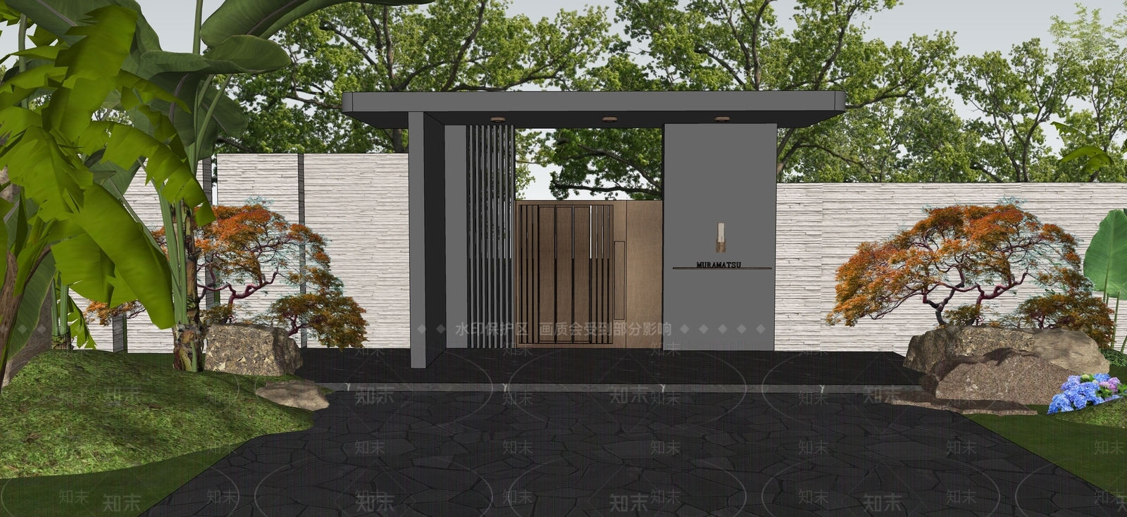 新中式景观入口大门SU模型下载【ID:1235478436】