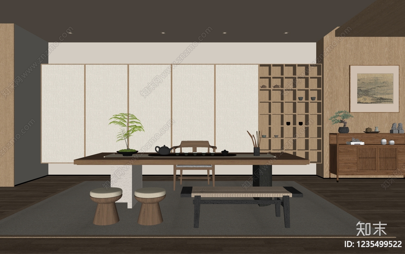新中式茶室SU模型下载【ID:1235499522】