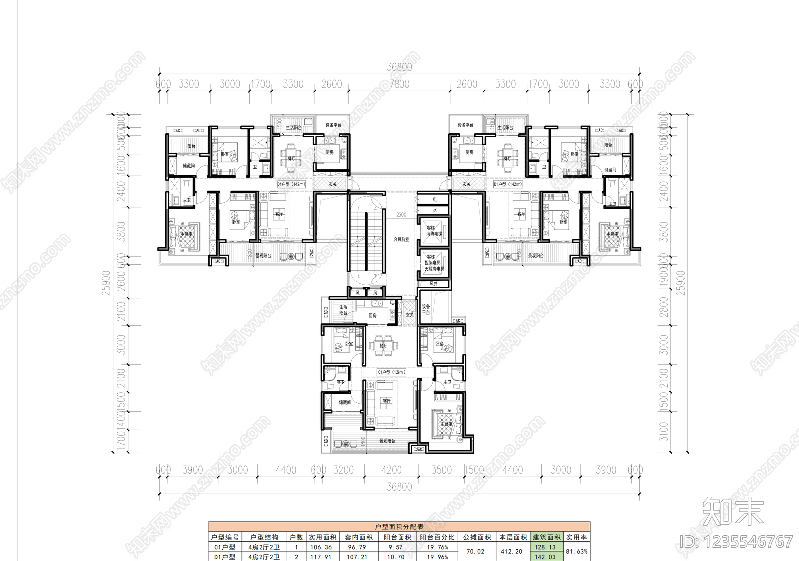 一梯三户cad施工图下载【ID:1235546767】
