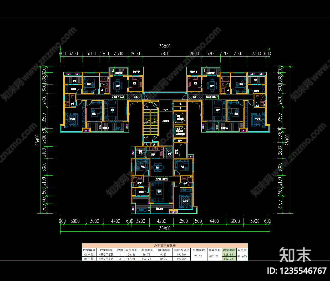 一梯三户cad施工图下载【ID:1235546767】