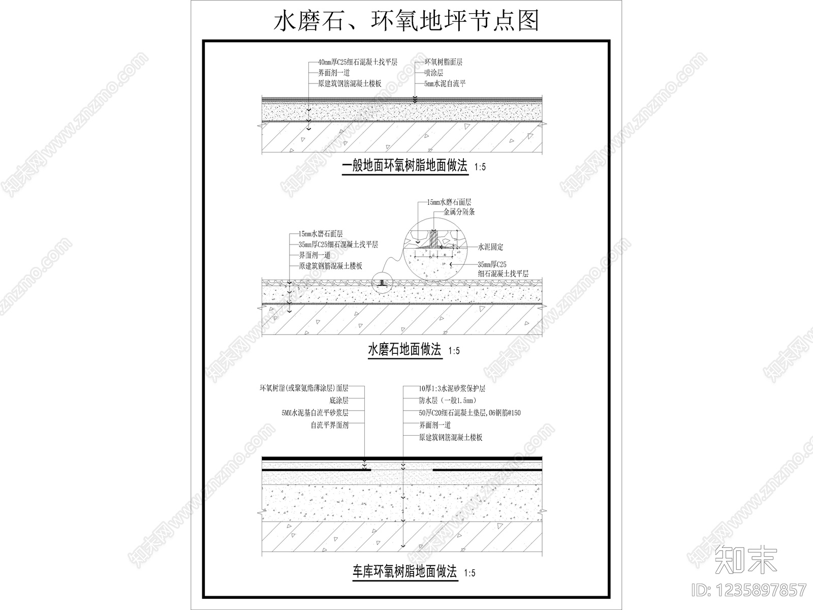 8套水磨石铺装做法地面节点地坪节点CAD施工图cad施工图下载【ID:1235897857】