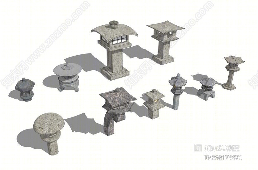 日式石灯笼组合SU模型下载【ID:336174670】