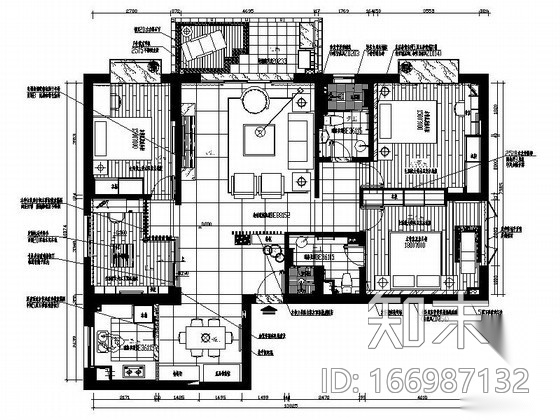 住宅四居室详细装修图施工图下载【ID:166987132】