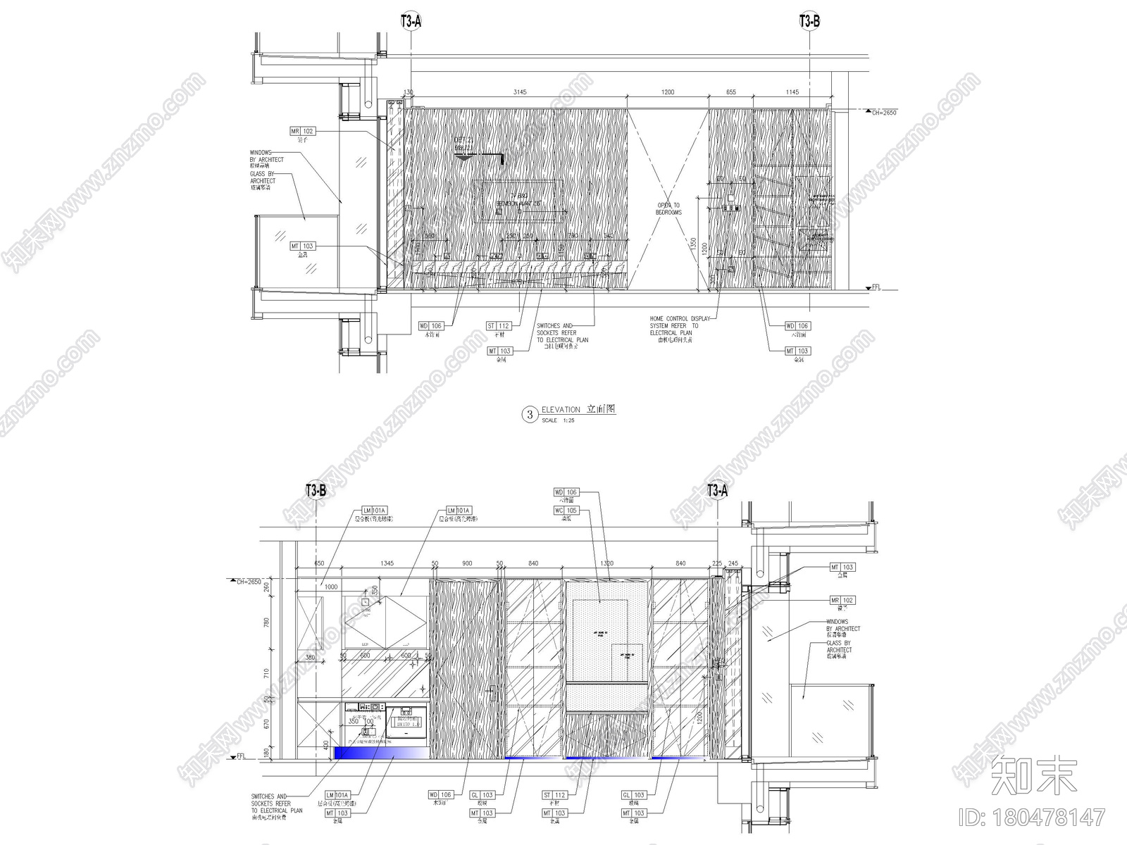 [深圳]141㎡现代三居公寓样板间装修施工图cad施工图下载【ID:180478147】