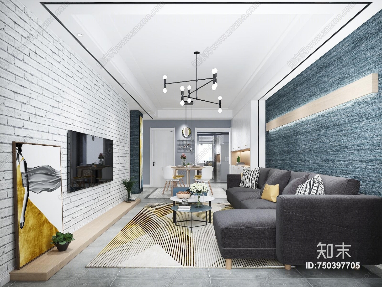 北欧客餐厅沙发餐桌椅背景墙灯3D模型下载【ID:750397705】