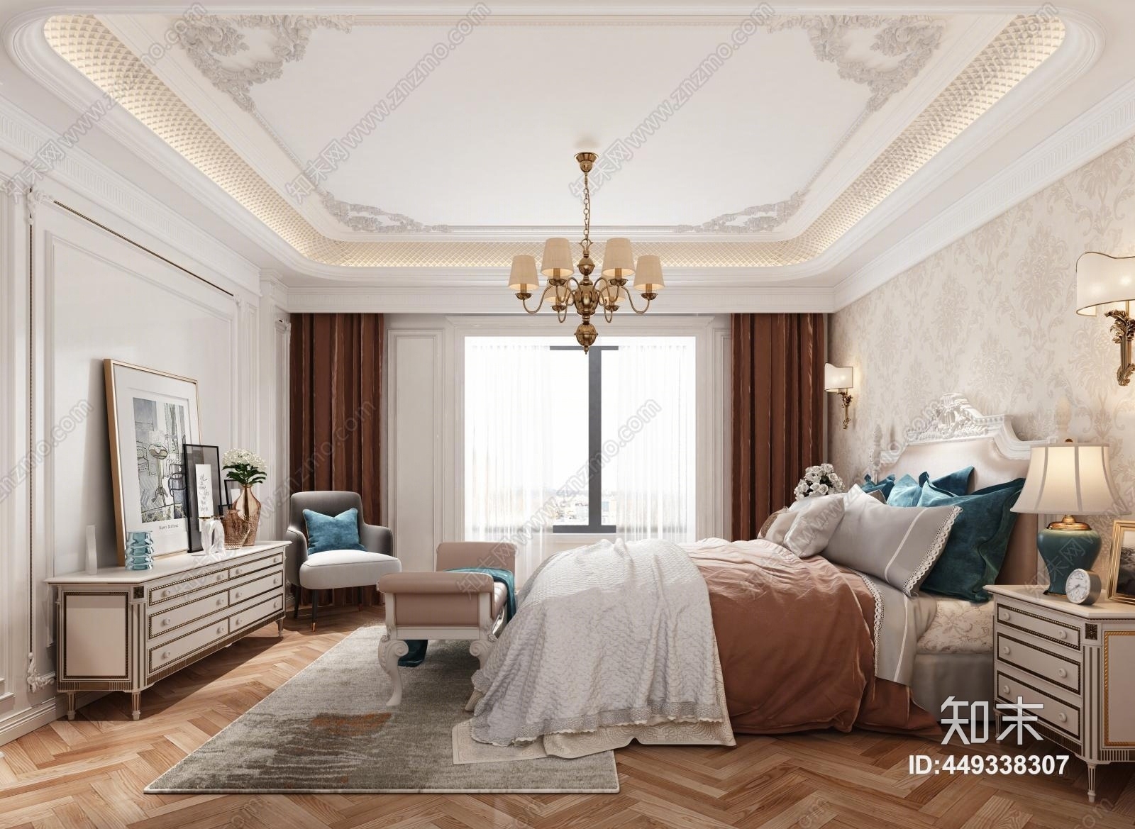 简欧卧室吊顶背景墙床电视柜3D模型下载【ID:449338307】