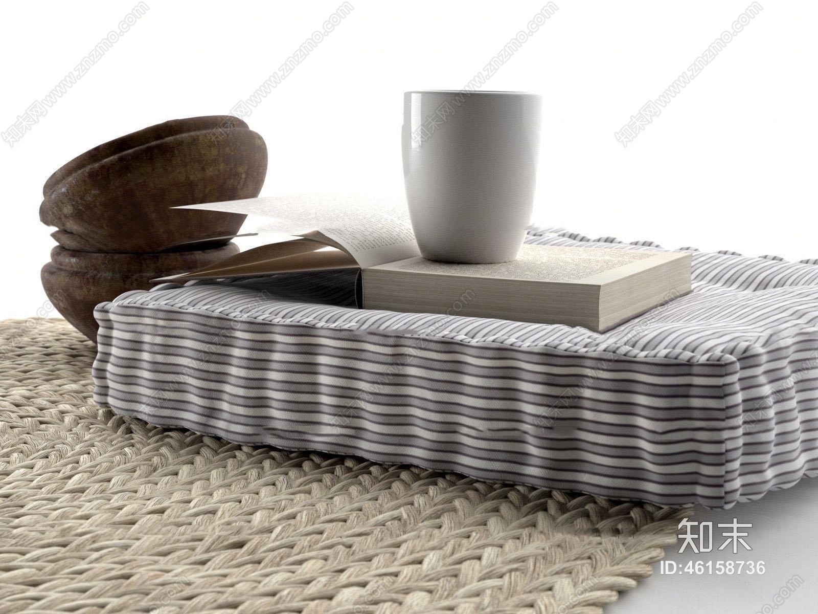 现代坐垫书籍茶杯组合3D模型下载【ID:46158736】